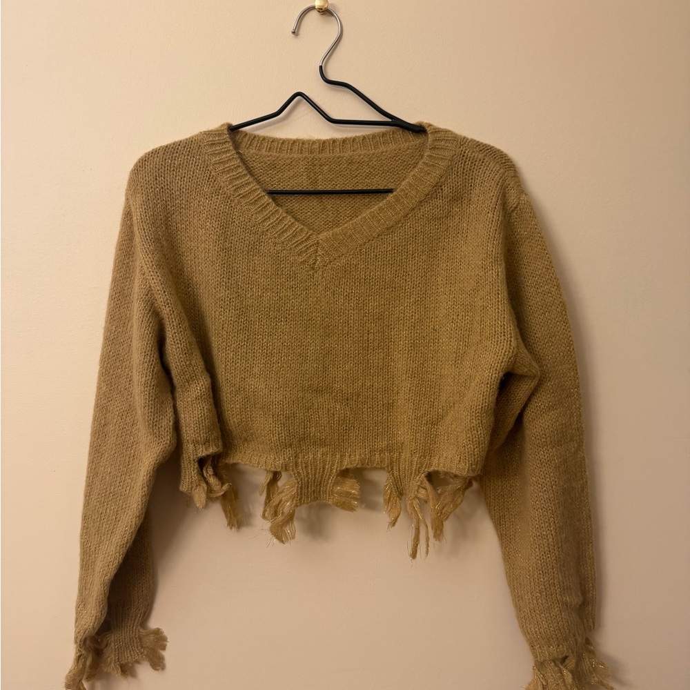Cider Tan V-Neck Sweater with Frayed Hem